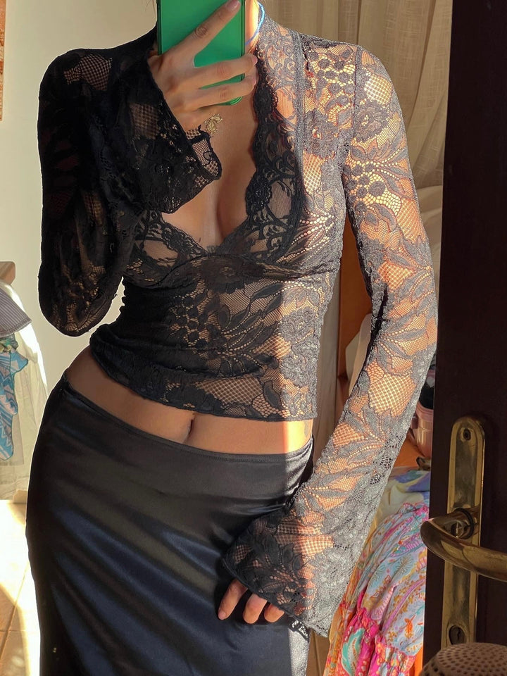 Nyra - Black Lace V-Neck Mesh Top
