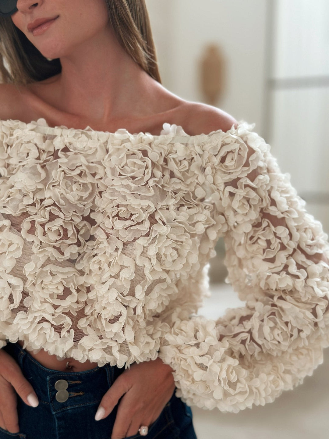 Reanne - Off-Shoulder Rose Textured Top